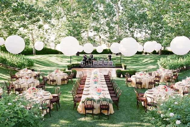 Wedding reception tables with white paper lanterns