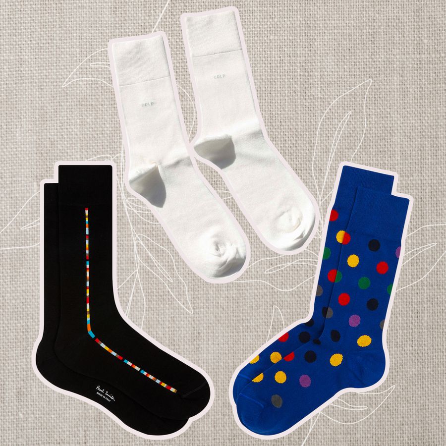 Composite of the Best Dress Socks of 2023 showing cdlp MID-LENGTH SOCKS, Paul Smith Polka Dot Crew Socks, and paul smith 'Signature Stripe' Central Trim Socks