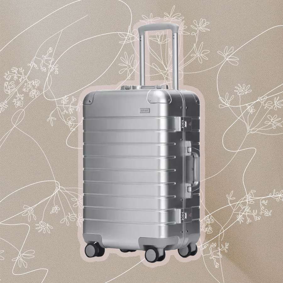 Collage of a silver suitcase we recommend on a gray background