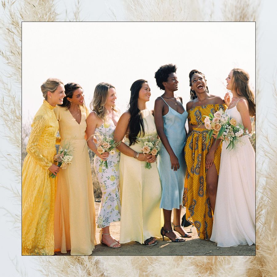 bridesmaids in bohemian style dresses in yellows, blues, and prints