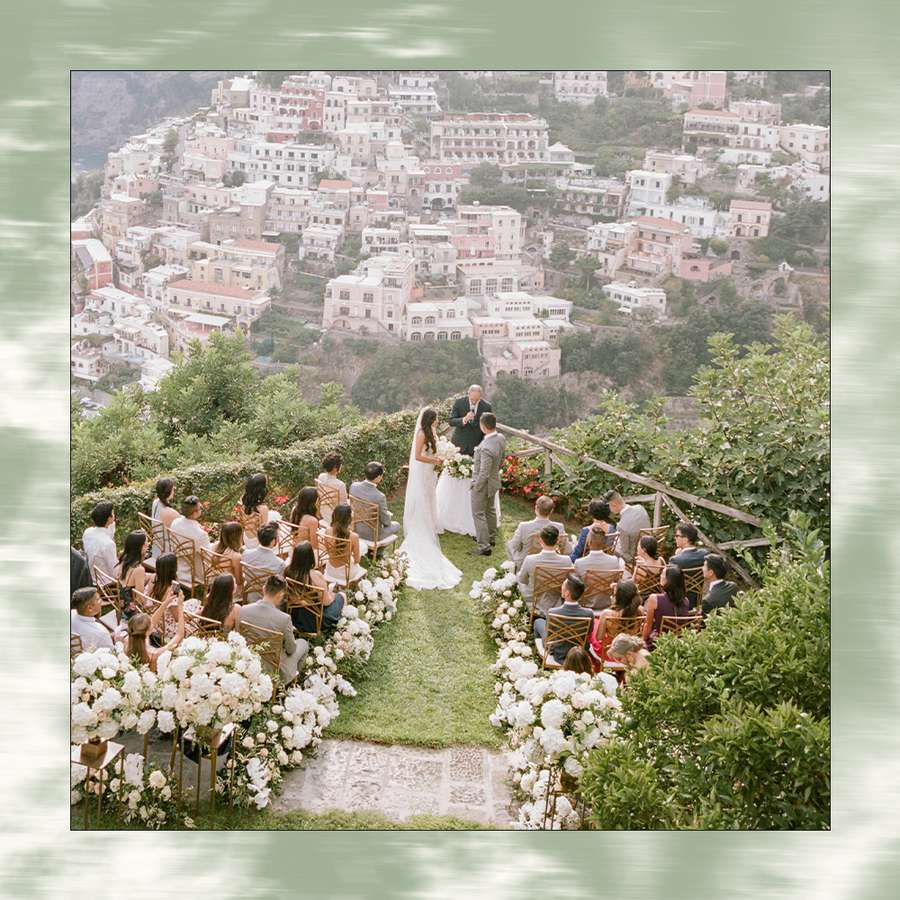 Bride and Groom Exchanging Vows at Outdoor Wedding Ceremony Overlooking City in Europe