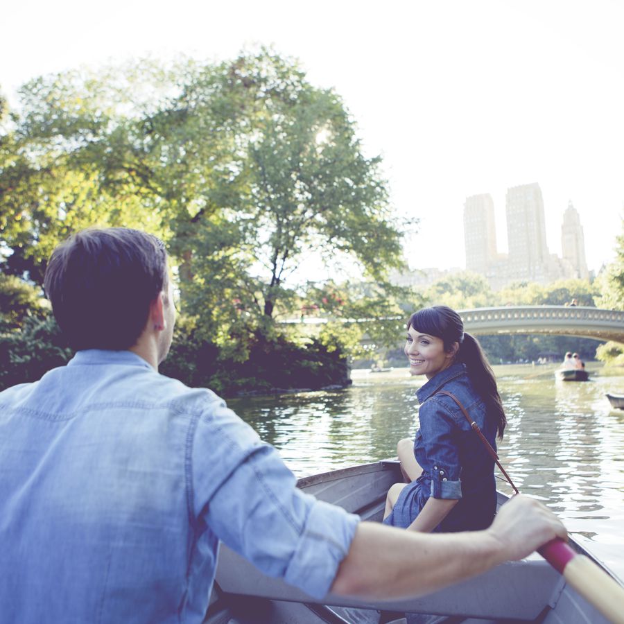 Couple in a rowboat on the lake at Central Park in NYC