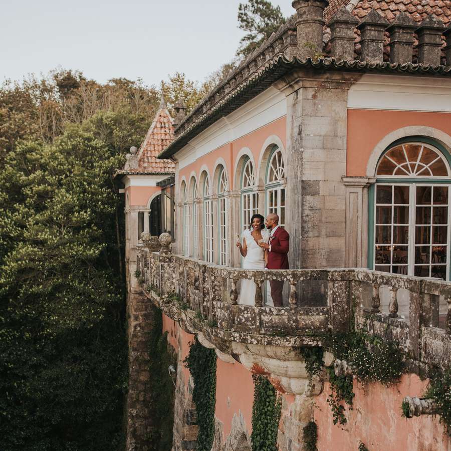 couple on historic chateau balcony