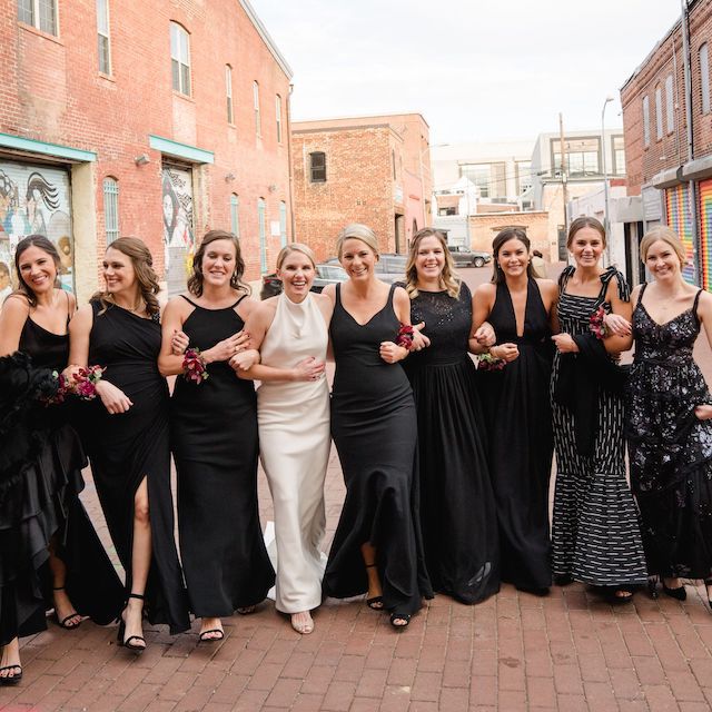 Bridal party lineup in black-tie attire
