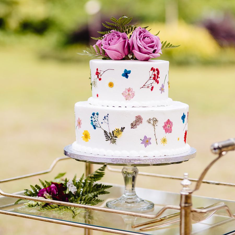 Publix wedding cake with pressed florals