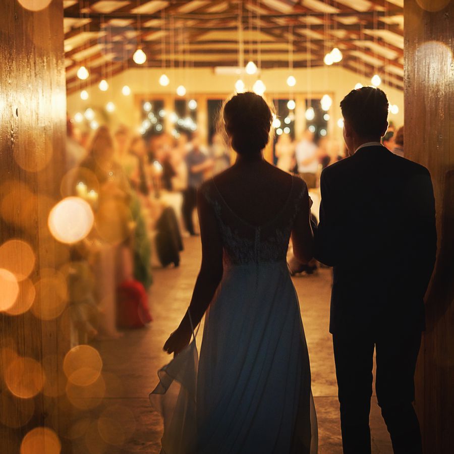 Bride and groom walk into their reception at a wedding in a lit up barn venue.