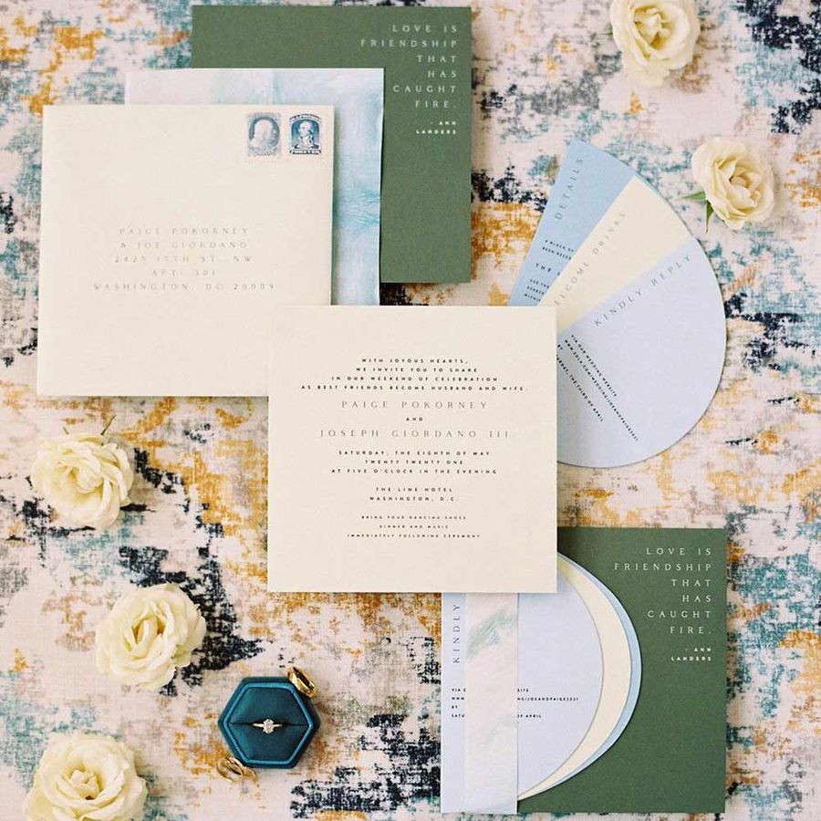 pastel wedding invitation suite with fan inserts