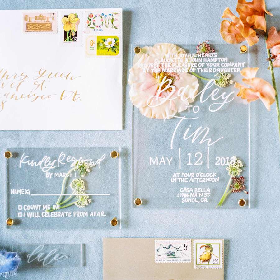 Invitation suite with acrylic inserts and pressed florals