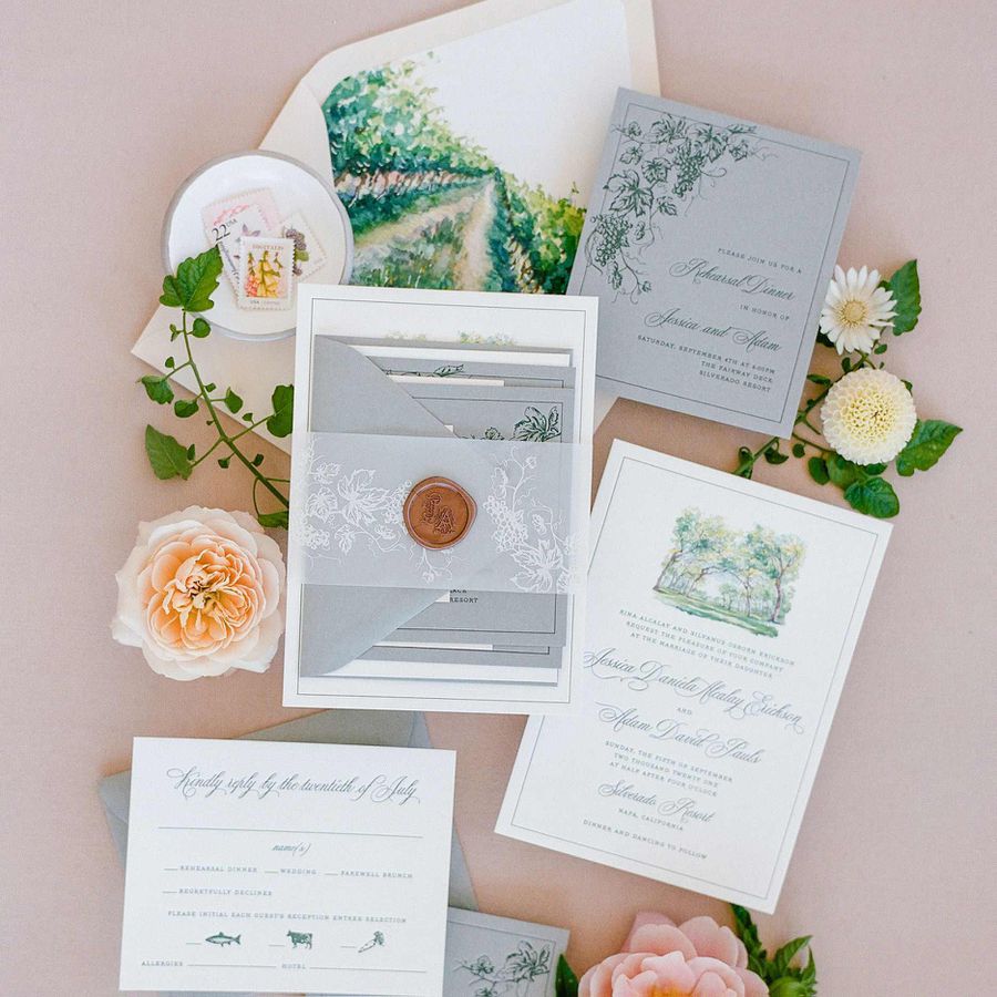 invitation suite with vineyard motifs and illustrated liners