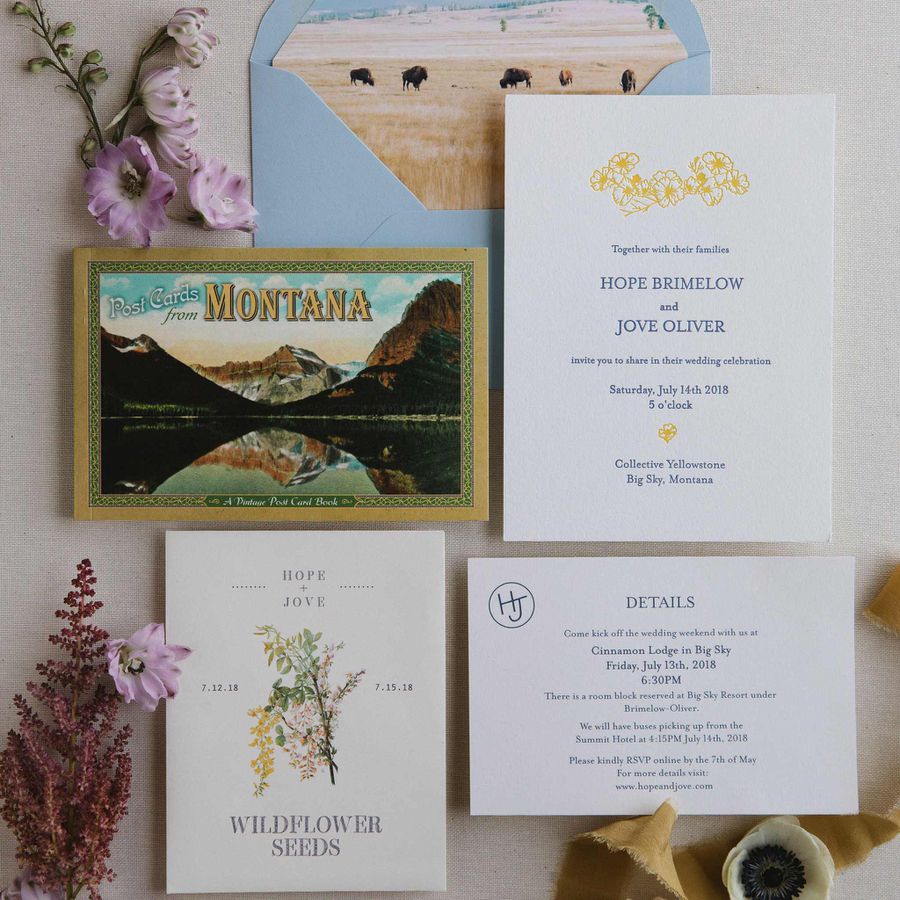 rustic wedding invitation suite with Montana postcard, wildflower seeds, and Montana liner