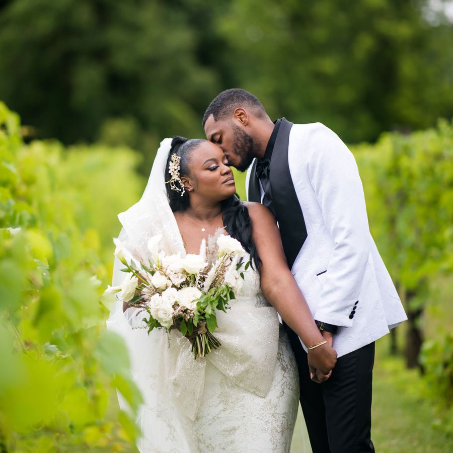 bride and groom kiss in vineyard
