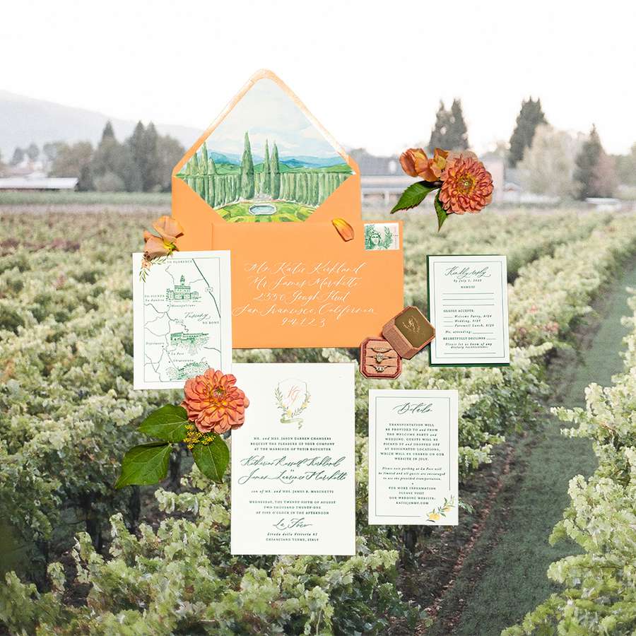 Elegant stationery suite with map of Tuscany, custom crest, and envelope lining of the venue