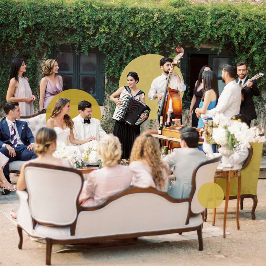 wedding guests in seating enjoying music by live musicians