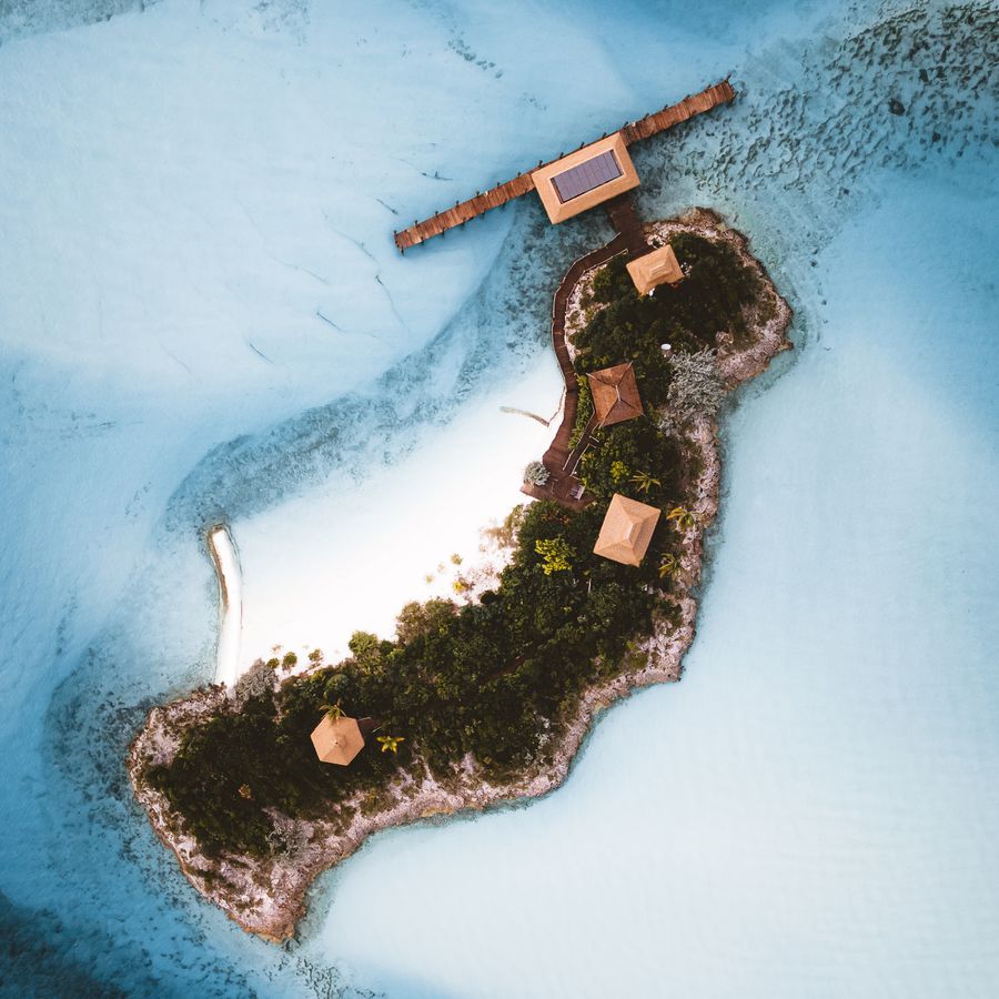 An aerial view of a private island in the Bahamas.