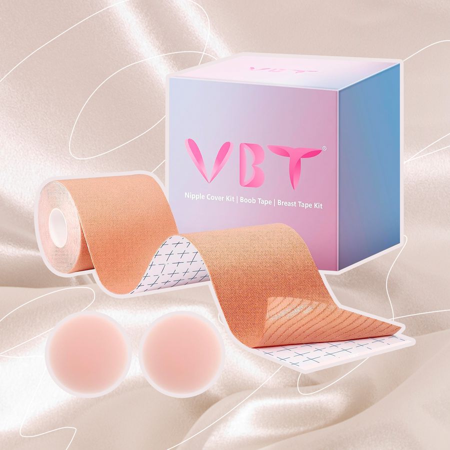 Composite showing VBT Boob Tape on a satin background