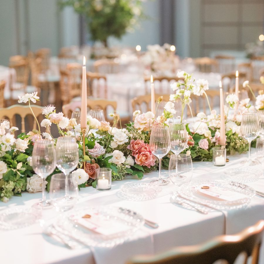 Wedding Reception Tablescape with Fresh Flowers and Ribbed Glassware
