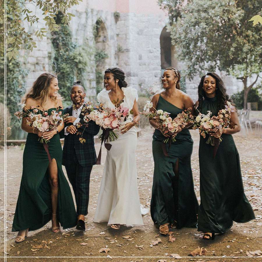 Bride with Bridal Party in Mismatched Green Gowns and an Attendant in a Plaid Green Suit
