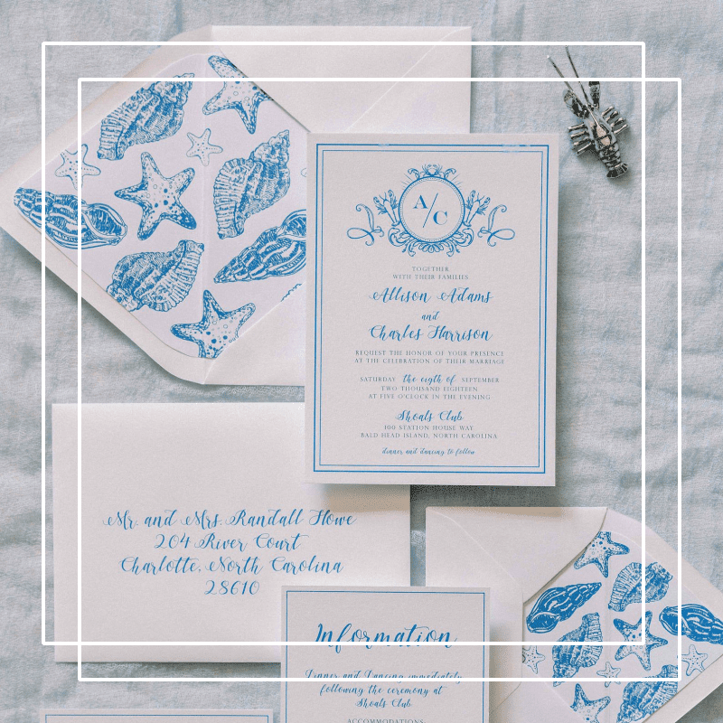 Blue and White Wedding Invitation Suite with Shell Envelope Liner and Modern Calligraphy Print